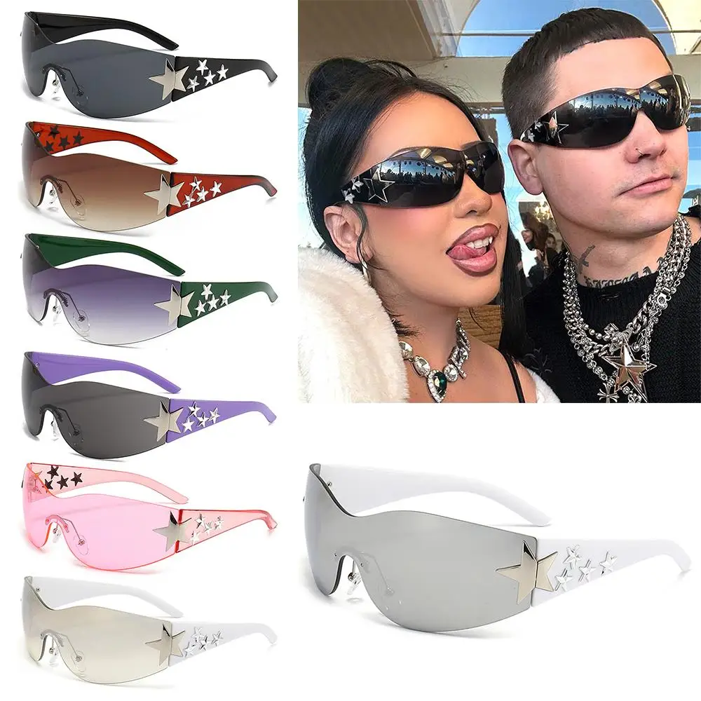 

Black Sunglasses for Beach, Outdoor Cool Fashion Shades Rimless Y2K Sunglasses Wrap Around Stars Decor Sun Glasses