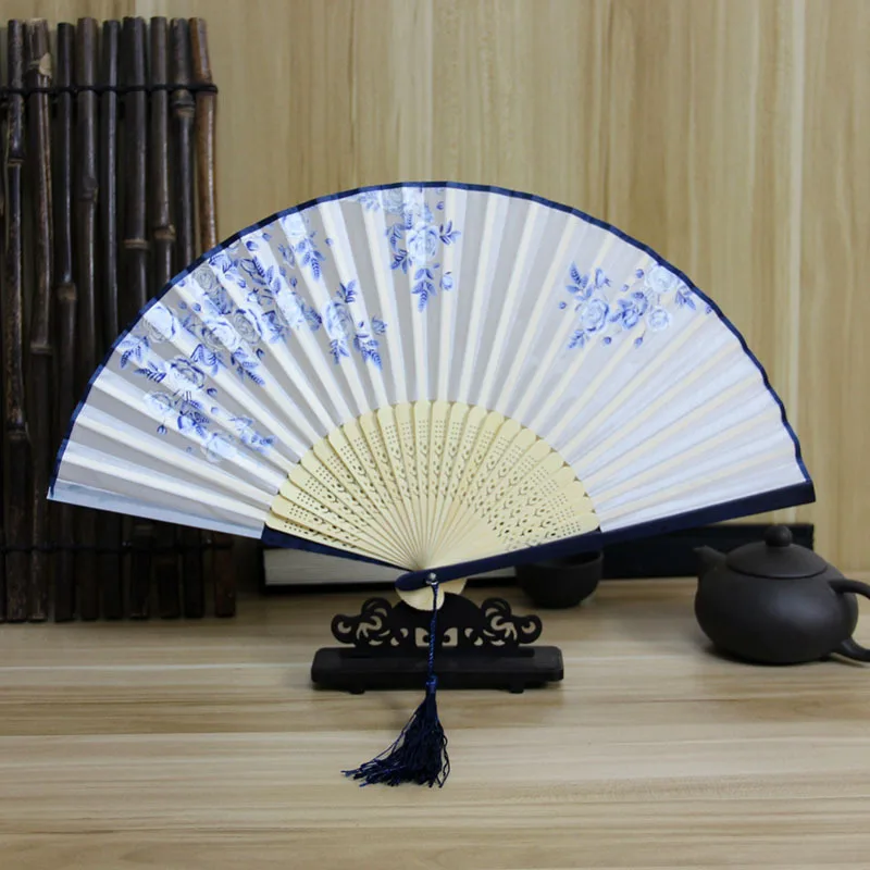 Chinese Engraved Folding Hand Fan Wooden Shank Classical Dance Tassel Fan Wedding Birthday Party Favor Decor Gifts For Guest folding fan wooden hand fan