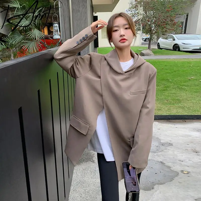 

Tannt Women Blazer Asymmetry Split Hooded Chic And Elegant Woman Jacket Coffee Black Vintage Fashion Suit Coats Women 2023 New