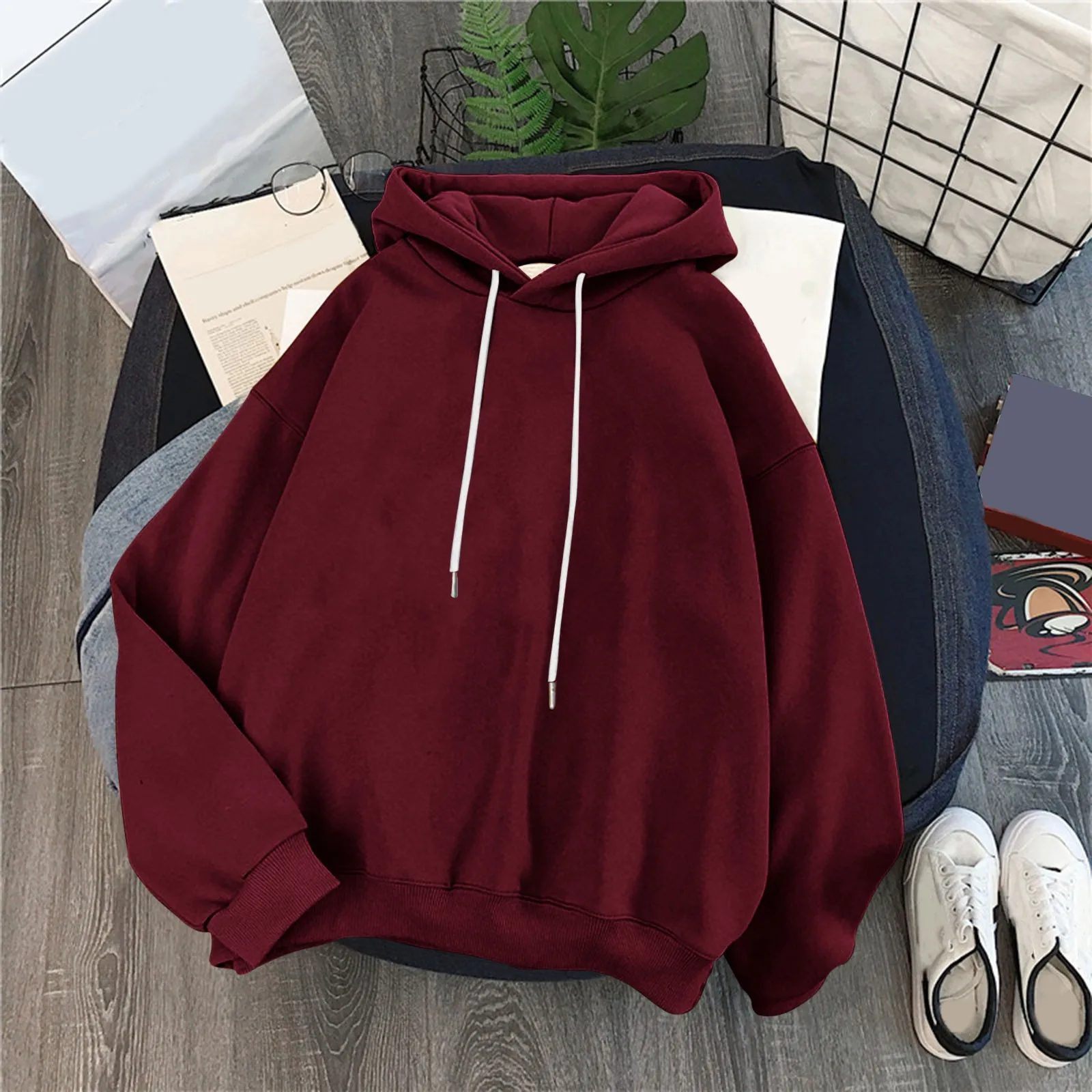 

2023 New Cotton Wool Ring Loose Drop Off The Shoulder Hooded Pullover Hoodie Solid Classic All Match Round Neck Hoodie For Women