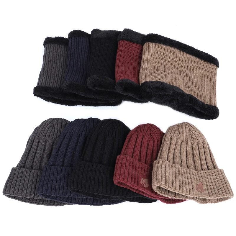 2022 New Fashion Men's Winter Knit Beanie Scarf Brand Maple Leaf Thick Lining Plus Velvet casual hat Solid color Soft Cap Bonnet 3