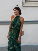 Floral Print Halter Neck Cutout Maxi Dress Tiered Ruffle Sleeveless 2026 Summer Women Vacation Dress Fashion Boho Lady Vestido