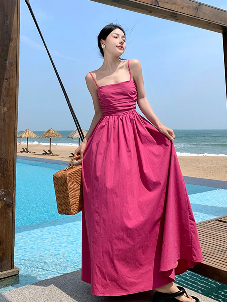 

Holiday Casual Long Dresses Women Sweet Sexy Strap Folds Maxi Robe Lady Party Prom Beach Mujer Vestidos Sundress Vacaton Clothes