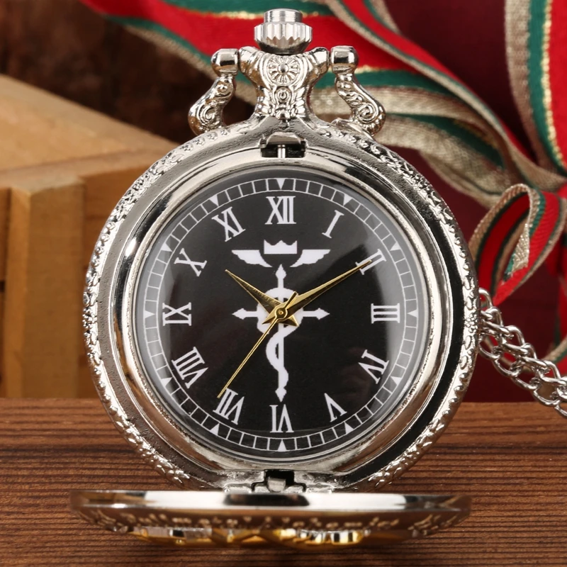 Hohl Silber Gold Ton Fullmetal Alchemist Taschenuhr Cosplay Hohl Edward Elric Anime Design Anhänger Halskette Kette Uhren – Detail 8