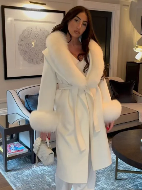 Retro Faux Fur Patchwork Woolen Maxi Coat Women Solid Full Sleeves V-neck Lace Up Loose Long Coats Lady Winter Commute Outwear 2