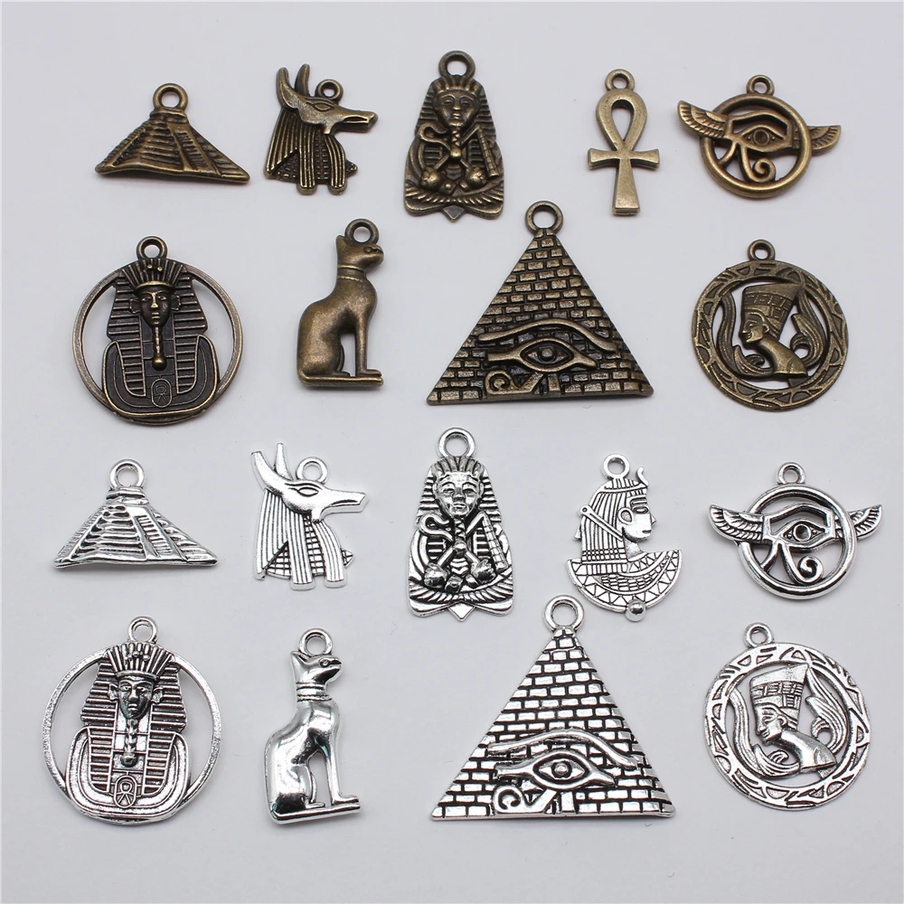 10pcs 신비한 고대 이집트 피라미드 호루스의 눈 죽음의 신 Anubis Bastet 매력 키 체인 만들기 팔찌 만들기