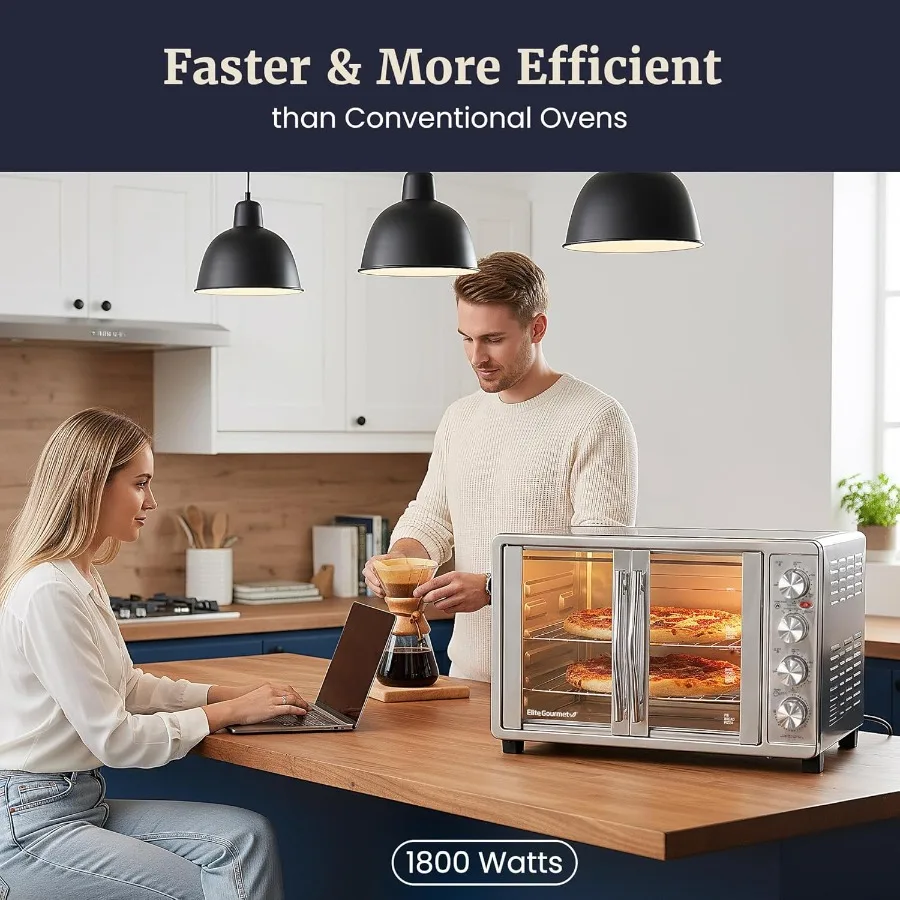 ETO-4510M French Door 47.5Qt 18-Slice Convection Oven 4-Control Knobs Bake Broil Toast Rotisserie Keep Warm Includes 2 x 12 Piz