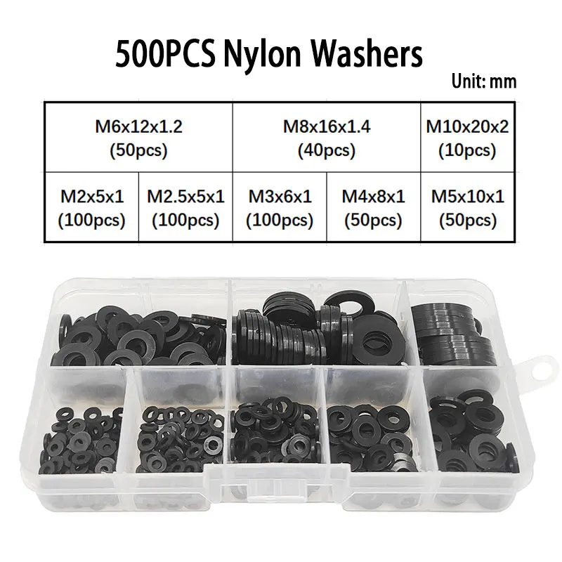 500pcs Nylon Flat Rings Seal Washer Assortment Kit Loosening Prevention Plastic Gaskets Repair Faucet Pipe Water Hose Furniture
