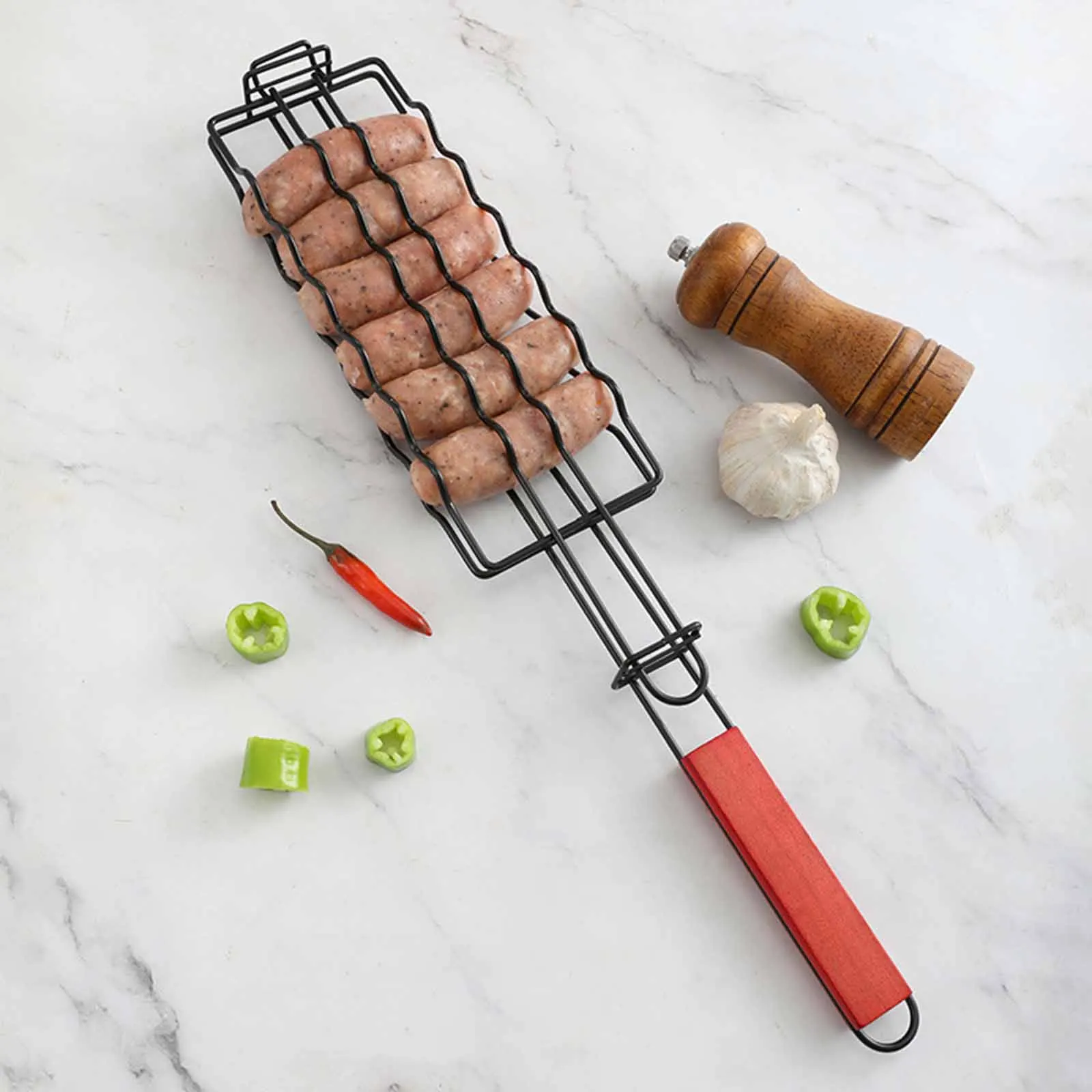 Hot Dogs Grilling Basket Folding Metal Barbecue Sausage Rack Grill Basket for Grilling Vegetables Seafood Diced Meat Outdoor