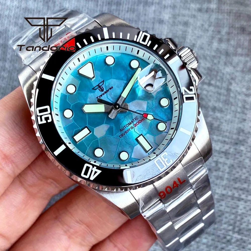 Tandorio NH35A 40mm Fashion 20Bar Men's Dive Automatic Wristwatch Greenish Blue MOP Dial Rotating Bezel Sapphire Luminous Date