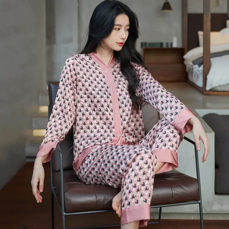 

Рубашка и брюки с лацканами, длинный повседневный костюм, пижама, одежда для дома, атласная ночная рубашка, Женский комплект с принтом, одежда для сна