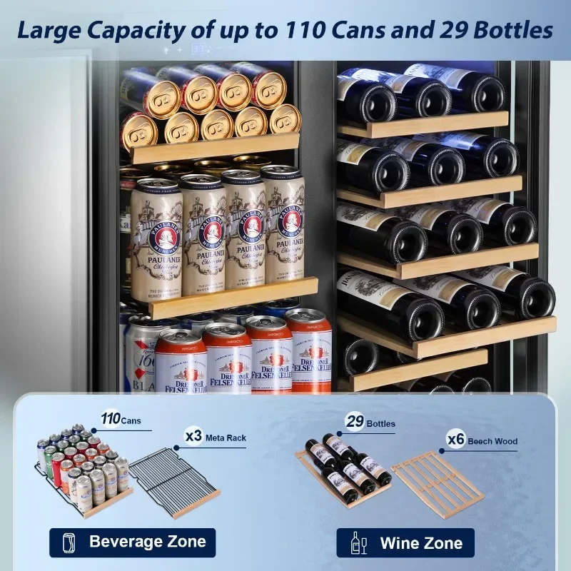 Tylza 30 Inch Wine and Beverage Refrigerator, Dual Zone Wine Beverage Cooler 30" with French Door, Under Counter Beer