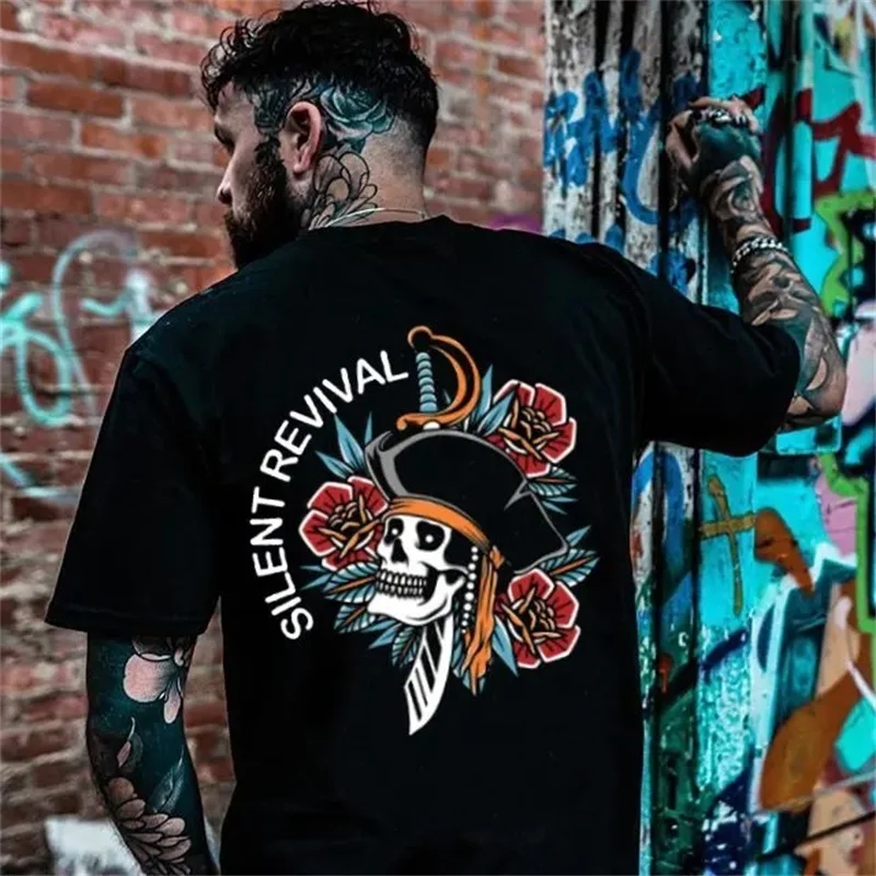 

Men's T Shirt Gothic Harajuku Fashion Locomotive Style Vintage Clothes 3D Skull Print T-Shirts Casual O-neck Loose Short Sleeve
