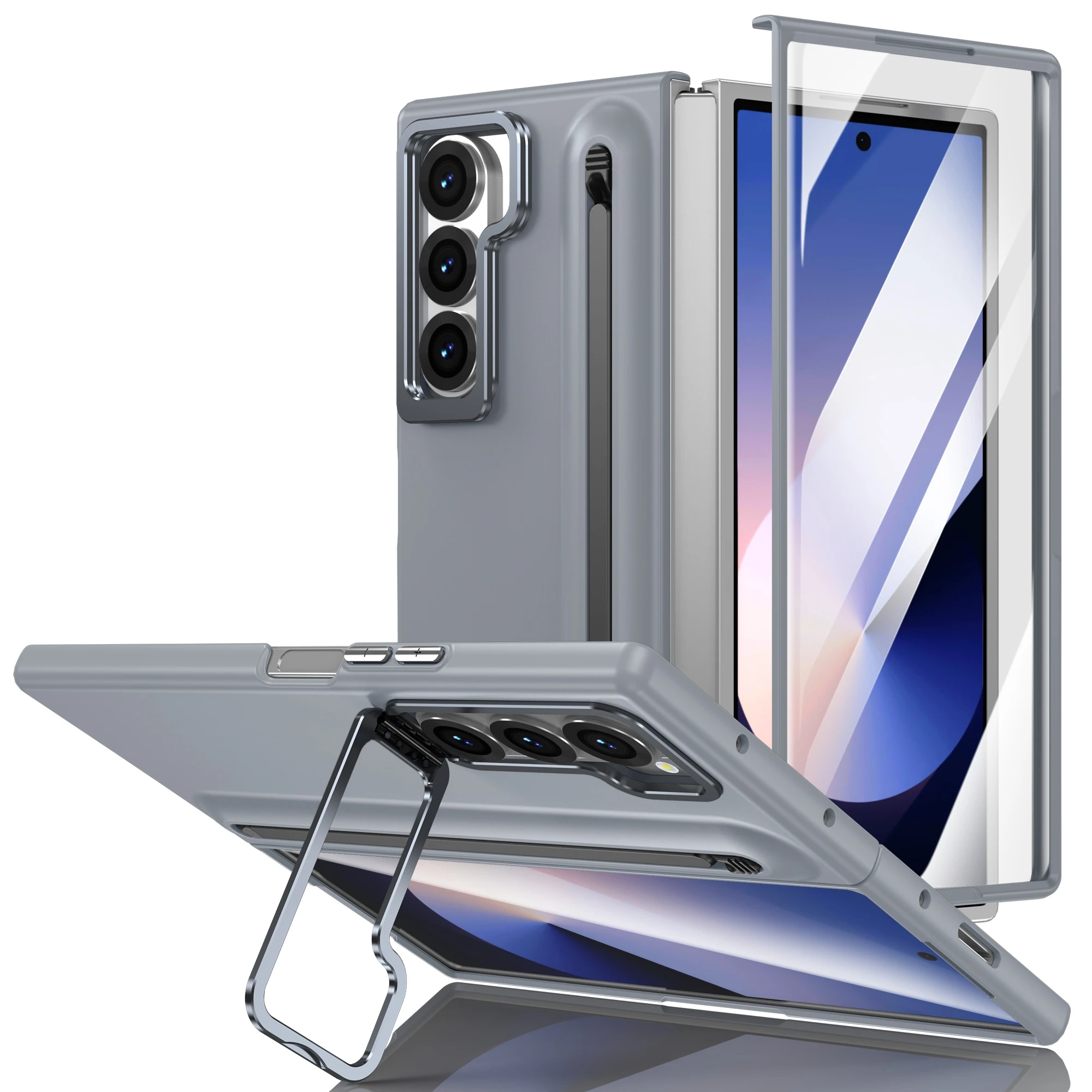 Premium Metal Lens Stand Case with S Pen Slot and Tempered Glass Protector for Samsung Galaxy Z Fold Series