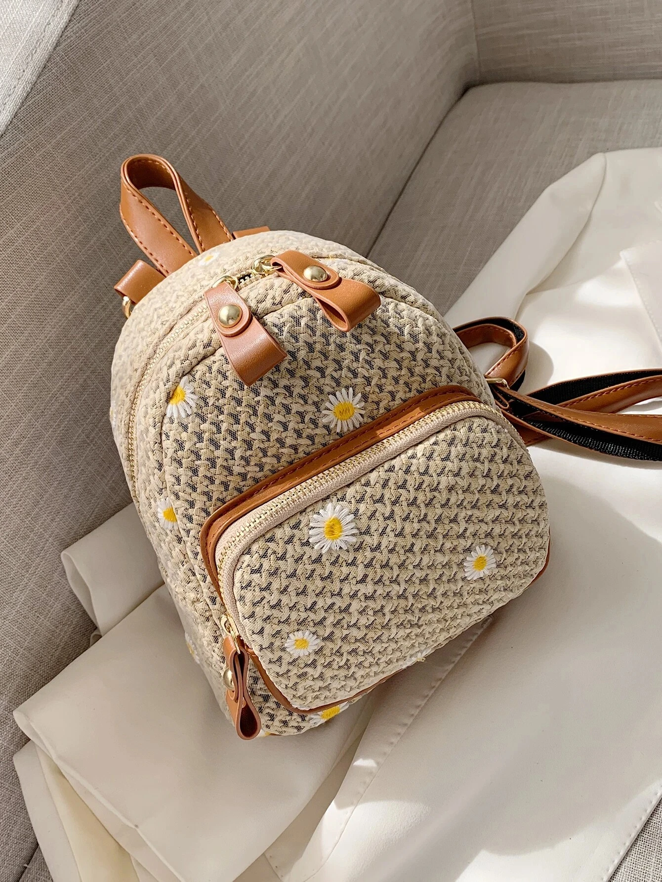 Mini Floral Embroidered Straw Bag Perfect For Summer Beach Travel Vacation Fashionable Student Straw Small Backpack