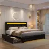 Queen Led Bed Frame with 4 Storage Drawers, with Smart Control RGBW LED Lights Headboard Footboard, Control DIY Color 1
