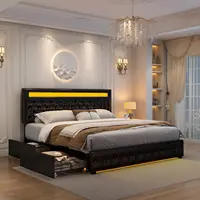 Queen Led Bed Frame with 4 Storage Drawers, with Smart Control RGBW LED Lights Headboard Footboard, Control DIY Color 1