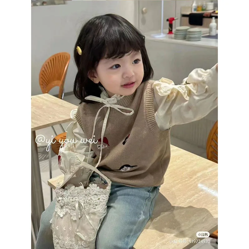 

Spring Autumn Ins Baby Girls 3PCS Clothes Set Cartoon Pattern Vest Long Sleeve Shirt Cotton Flared Jeans Suit Kid Girls Outfits