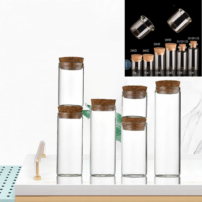 5X 5/8/10/12/14/15/30/40/50/60ML Clear Test Tube Glass Bottles With Cork Stopper Empty Spice Bottles Jars DIY Craft Wed Vials 4