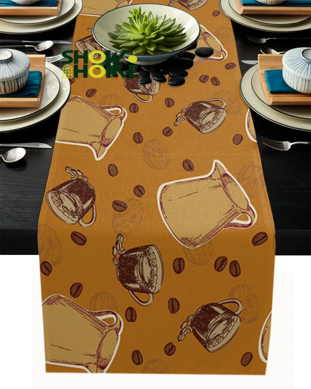Brown Coffee Beans Coffee Cup Table Runner Modern Party Dining Table