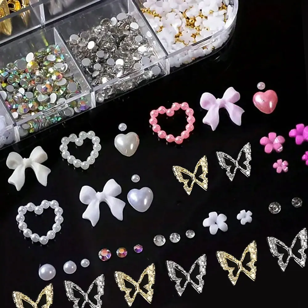 12 그리드 핑크 화이트 보우 네일 아트 쥬얼리 진주 다이아몬드 나비 혼합 라인 석 네일 매력 DIY Bowknot 보석 매니큐어 장식