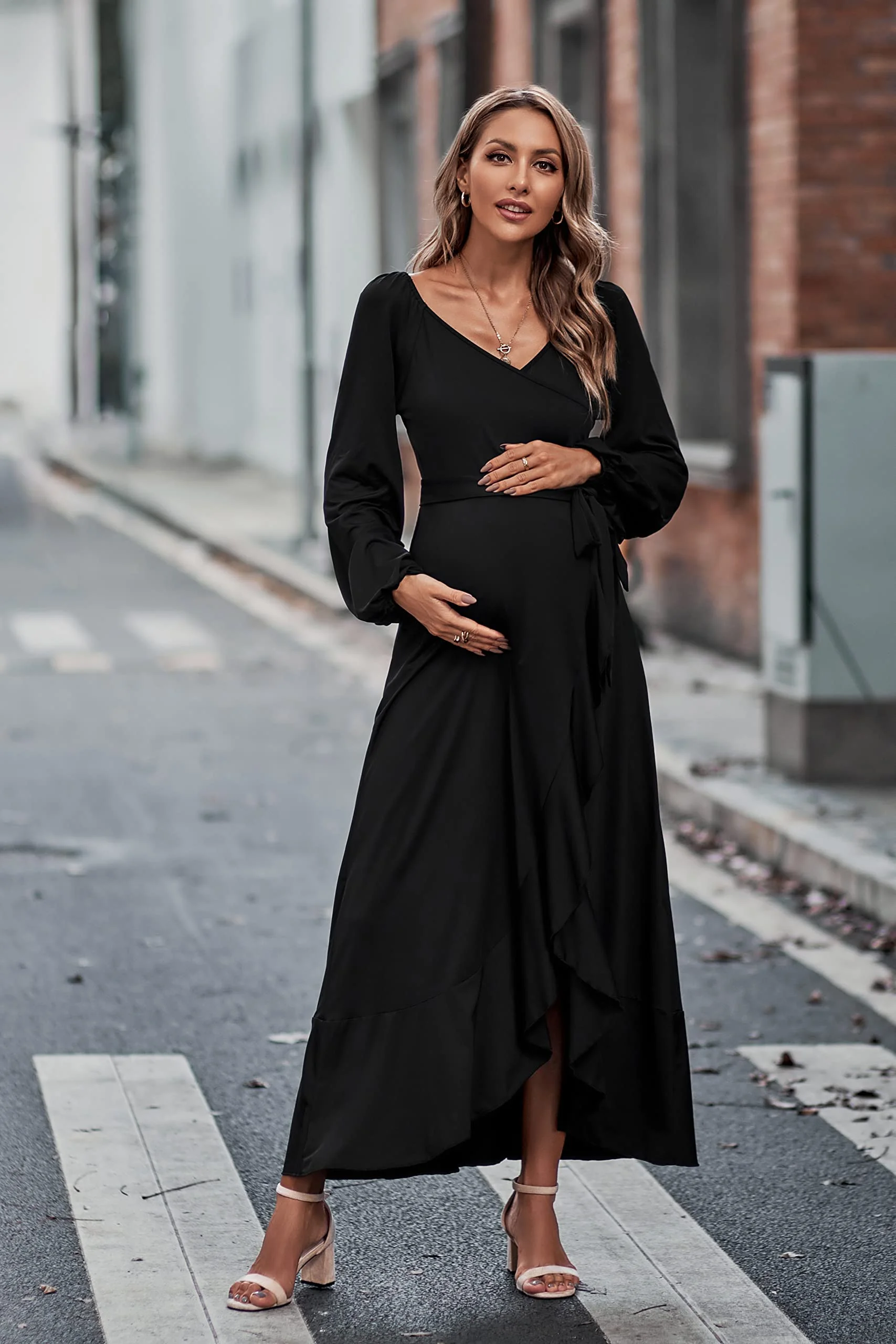 

OUGES Maternity Maxi Wrap Dress with Belt V Neck Long Sleeve Baby Shower Pregnancy Nursing Dresses for Photoshoot