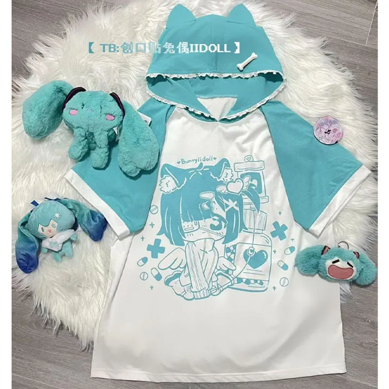 

Летняя женская футболка с капюшоном Hatsune Miku с японским мультяшным принтом, с коротким рукавом