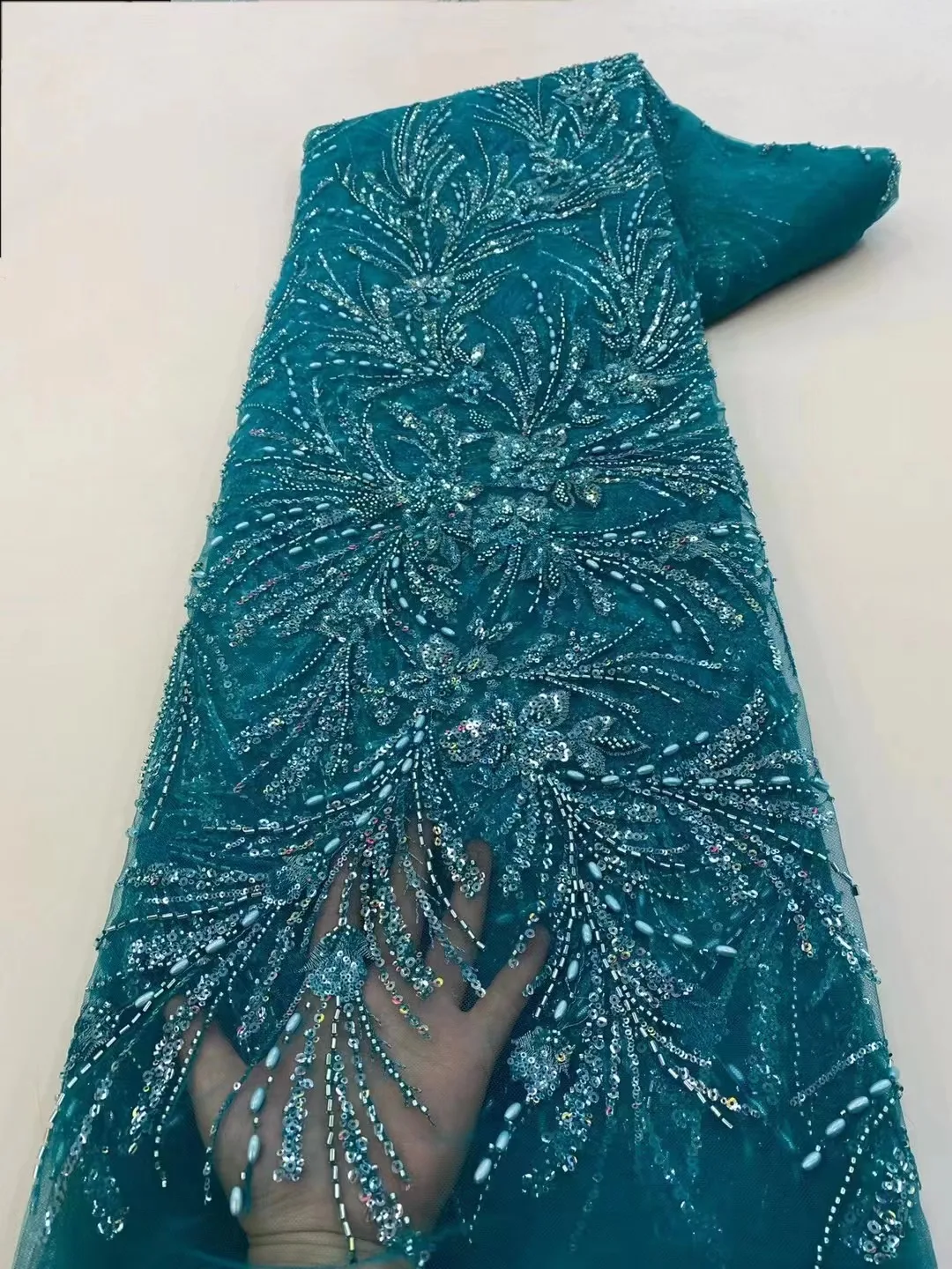 

Luxury Beaded Tulle Lace Fabric 2023 High Quality French Sequin Net Sewing Hand Crystal Beads Glitter Blue African Mesh Sequence