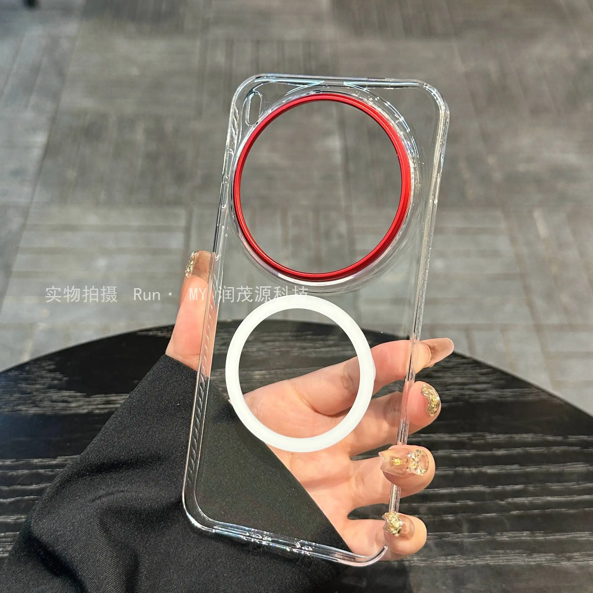 Enhanced Red Lens Ring Shockproof Acrylic Phone Case with Magnetic Anti-Slip Textured Sides