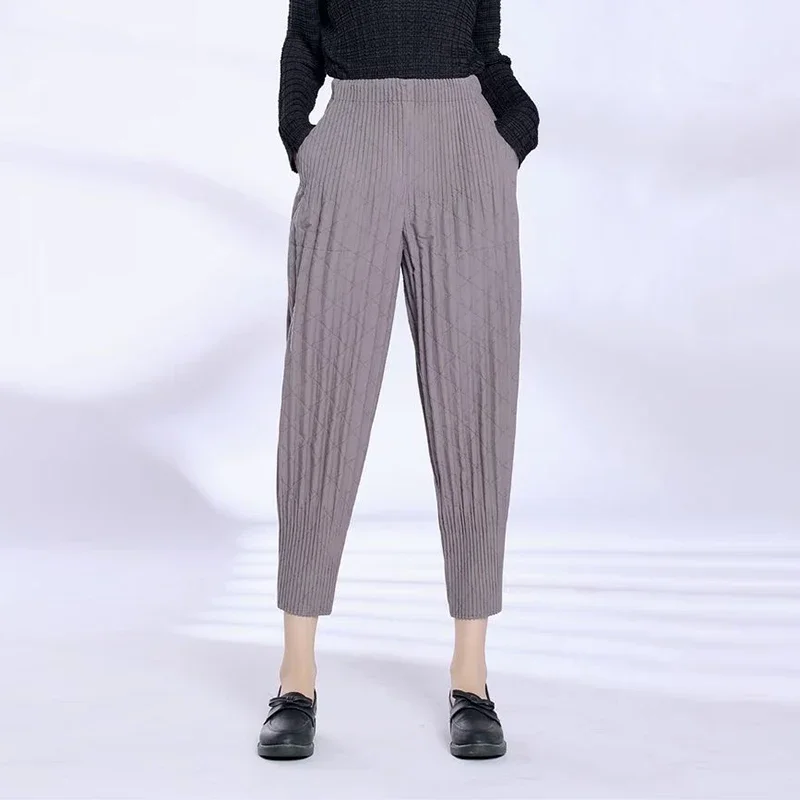 Pleated autumn winter thick cropped Harlan pants loose casual pants for women's new elastic waist tapered pants