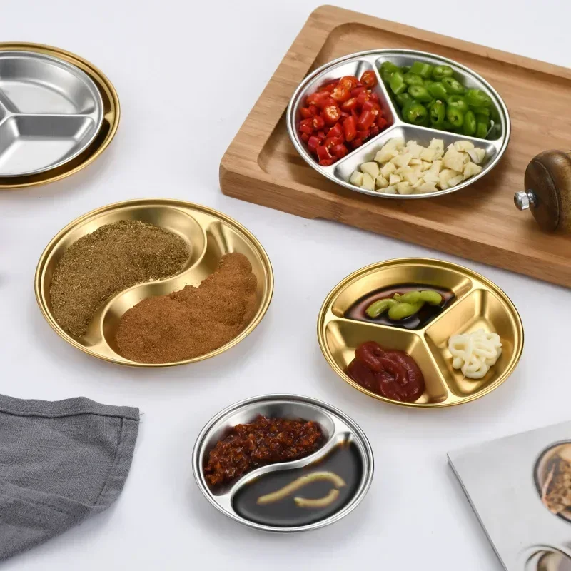 Stainless Steel Dipping Plate Round Small Plate Korean Barbecue Seasoning Gold Grid Hot Pot Flavoring 2PCS