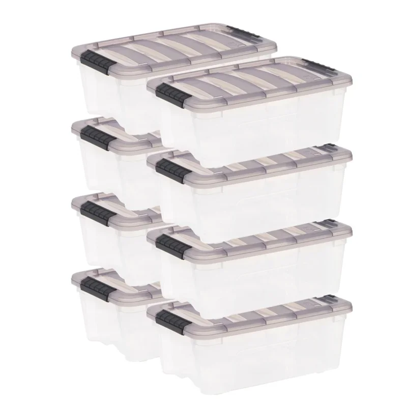 

IRIS USA, 12.95 Qt. (3.2 gal.) Clear Latch Box, Stackable Plastic Storage Bins with Lids, Set of 8