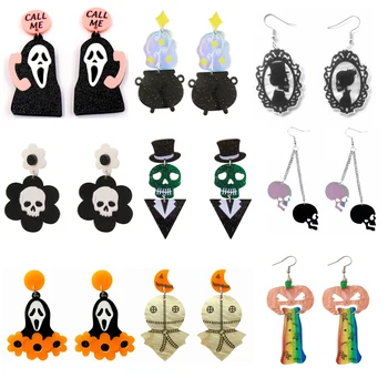 Horror Flower Skull Halloween Earrings For Women Hallowmas Cosplay Pumpkins Robot Suit Skullman Coffin Drop Earring Party