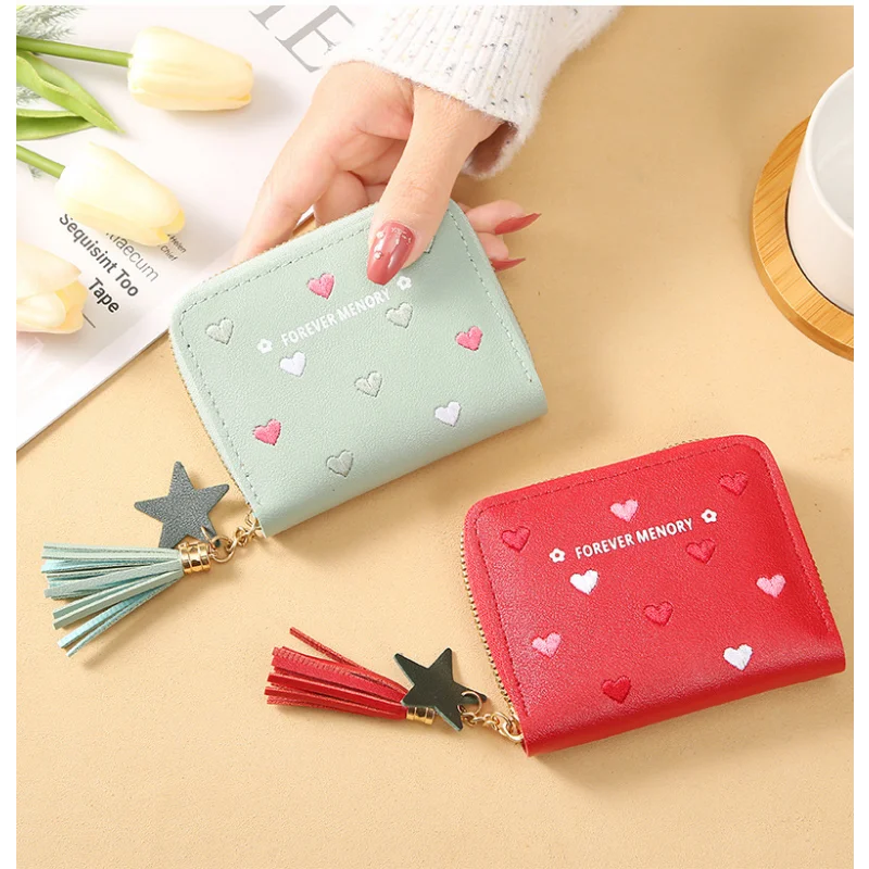 PU Leather Card Bag Mini Wallet Ladies Money Clip Love Embroidery Multifunctional Wallet Women Short Certificate Storage Bags