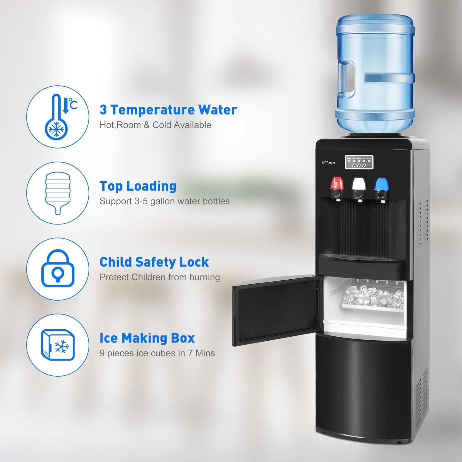 1 Water Dispenser with Built-in Ice Maker, Top Loading Water Cooler Dispenser for 3-5 Gallon Bottle with a Scoop, 3 Temps, Child 2