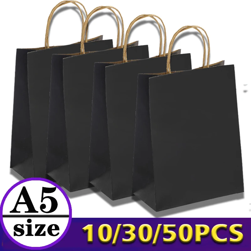 10/30/50pcs A5size Black Kraft Paper Bag Wholesale Birthday Party Candy Jewelry Gift Bag Christening Children's Day Paper Bag