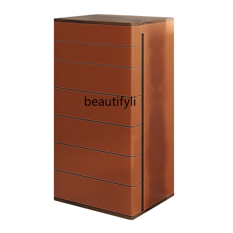 

Italian Style Light Luxury Minimalist Walnut Color Side Cabinet Designer Saddle Leather Ins Storage Hallway Chest of Drawers
