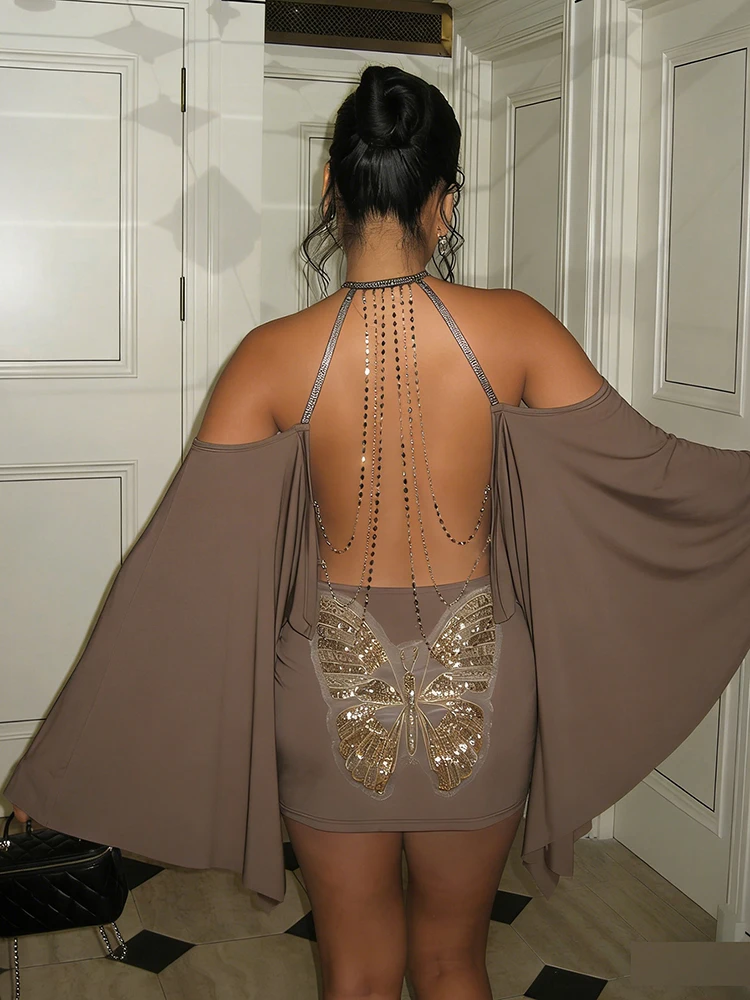 Nibber Schmetterlingsmuster Metallketten-Rückenfreies Kleid Damen Neckholder Off-Shoulder Fledermausärmel Eng Anliegend Pfirsichfarben Elegant Bodycon – Detail 16