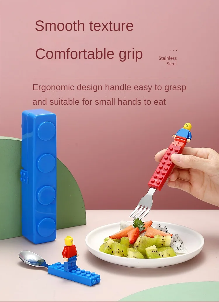 Description Picture 6 of item304 Stainless Kids Funny Fork Spoon Set Children Building Block Toys Cartoon Steel Tableware Portable Storage Jigsaw Puzzle Toys