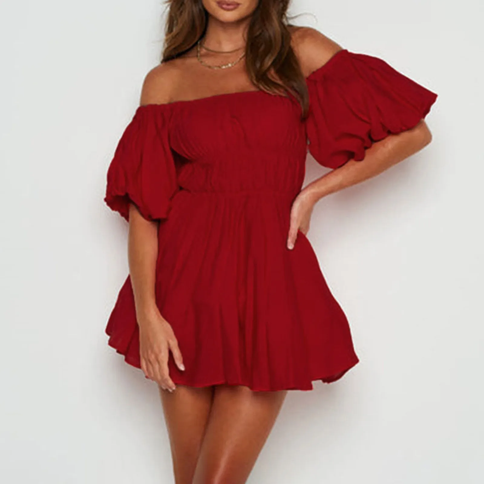

Women Casual Summer Dress Solid Color A Line Ruffle Short Puff Sleeve Party Dresses Female Elegant Off-Shoulder Tunic Dress