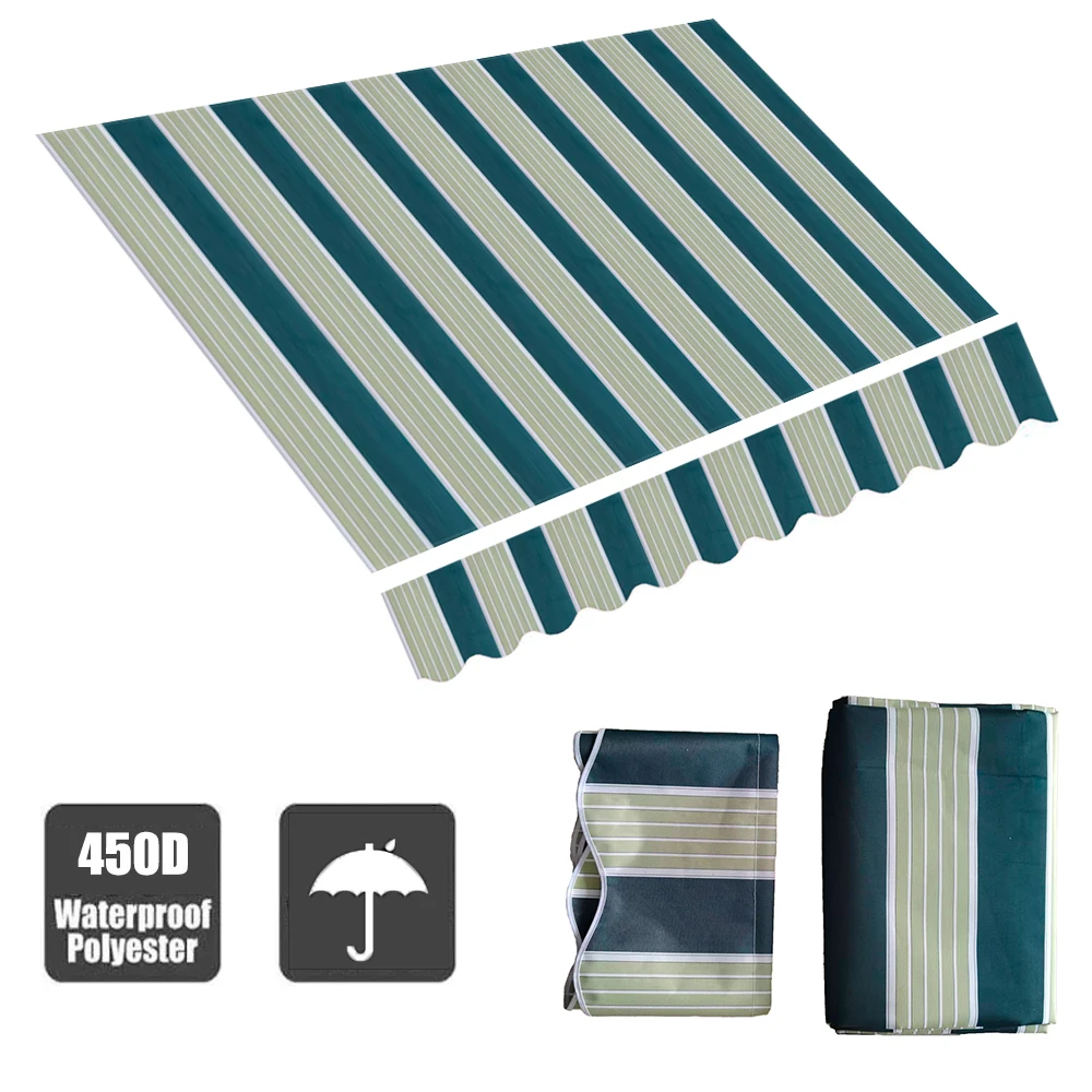Tewango Patio Awning Fabric Replacement Polyester Canopy Cover Sun Shade Deck Balcony UV Protection Dark Green Strip