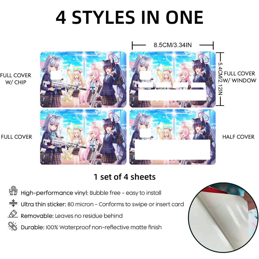 1PC Game Anime Blue Archive Stickers 4pcs PVC Card Skin Stickers for Bank Card Bus Metro Case Decorate Gift