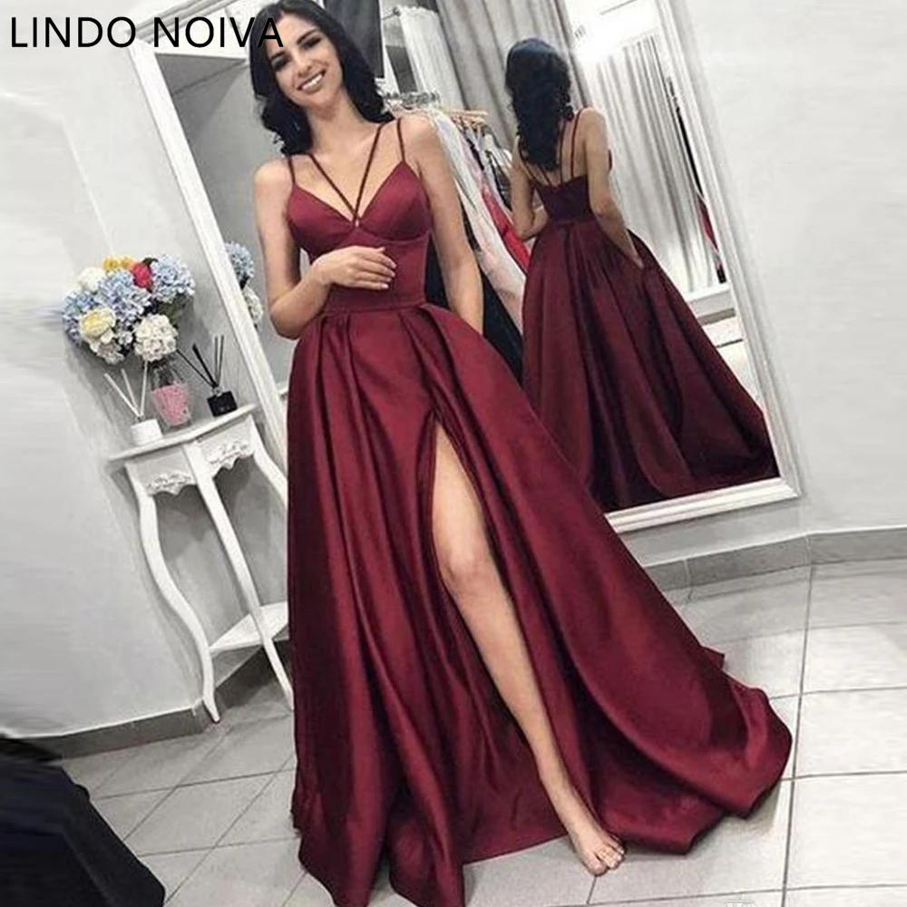 

2023 Sexy Wine Red Spaghetti Straps Prom Gowns Simple A-Line Evening Dress With Side Slit Vestido De Noiva Sereia Robe De Soiree
