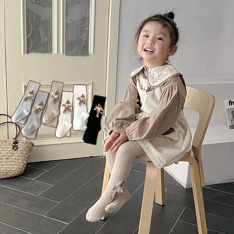 Spring Autumn Baby Girls School Student Uniform Pantyhose Pants Leggings Tights Bear Kids Children Stretch Knitting Trousers kids pantyhose