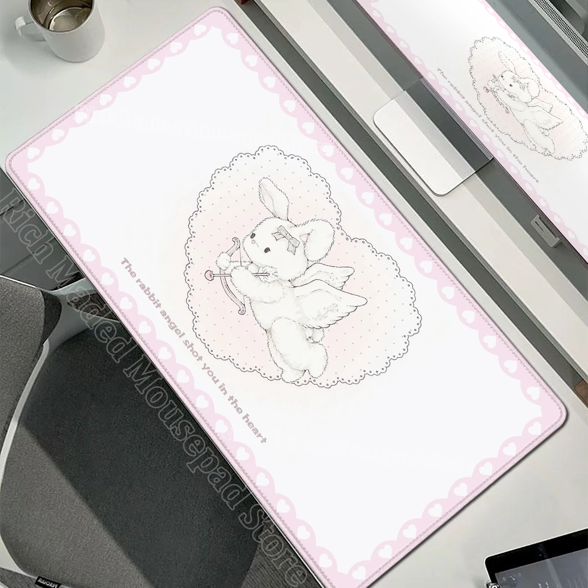 Pink Rabbit XXL Cute Love Gaming Mouse Pad - Non-Slip Soft Surface Desk Mat for Home and Office Decor