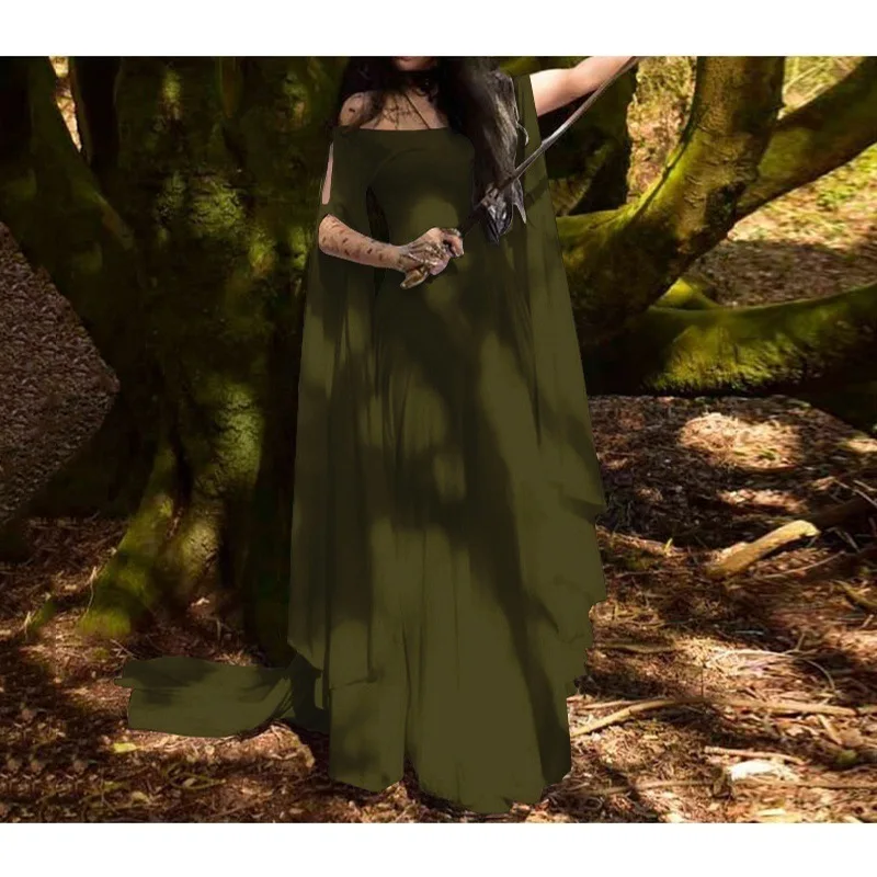 

2024 Women Halloween Dress Retro Cosplay Vintage Party Club Elegante Solid Off Shoulder Dress Maxi Funny Halloween Elf Dress