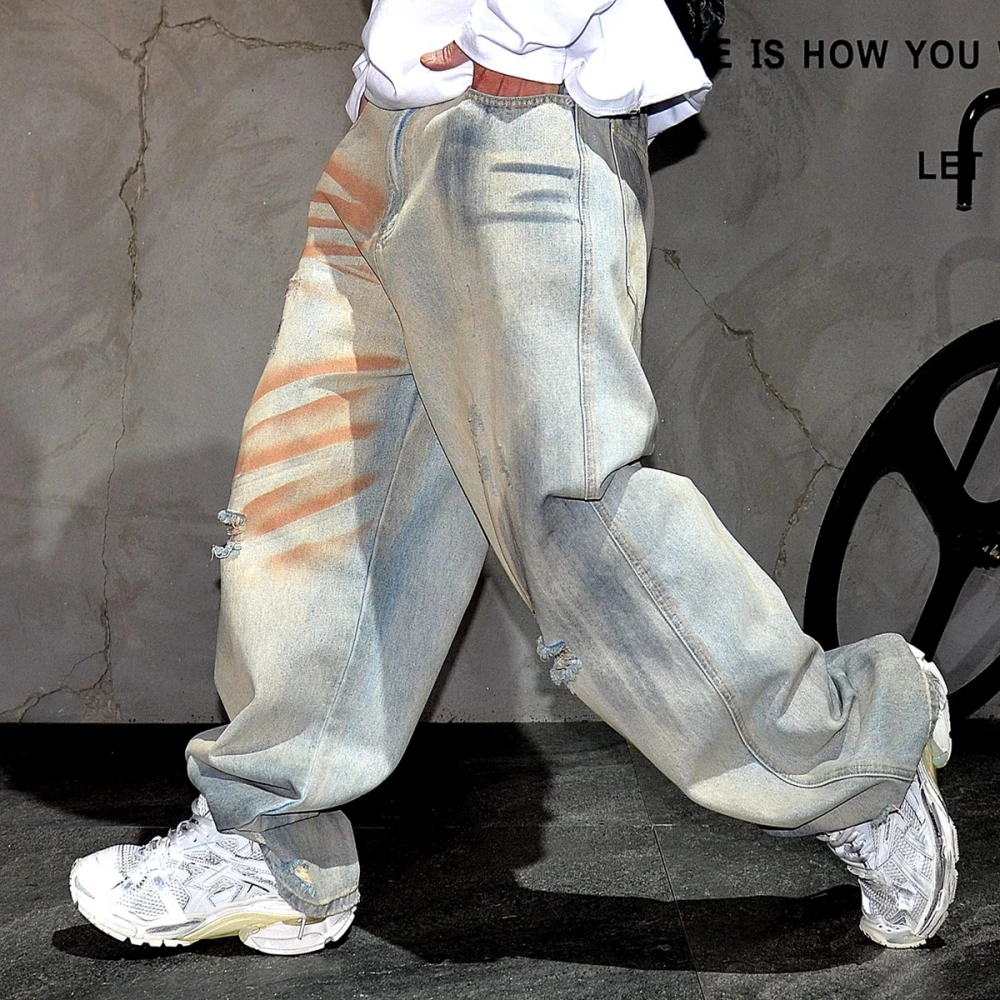 Mens Korean Style Ripped Distressed Loose Fit Jeans Hip Hop Streetwear Vintage Straight Leg Pants Dirty Wash Baggy Trousers Male