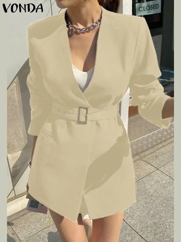 VONDA Elegant Long Sleeve Blazer Women Autumn V-neck Casual OL Blazer 2023 Fashion Belted Solid Color Streetwear Coats Femininas