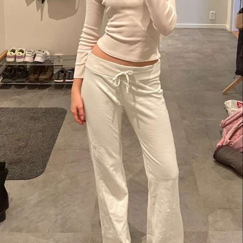 Cuteandpsycho Casual Solid Basic Pants Y2K Chic Floor Length Bottoms Vintage Aesthetic Mid Waist Drawstring Straight Trousers 3