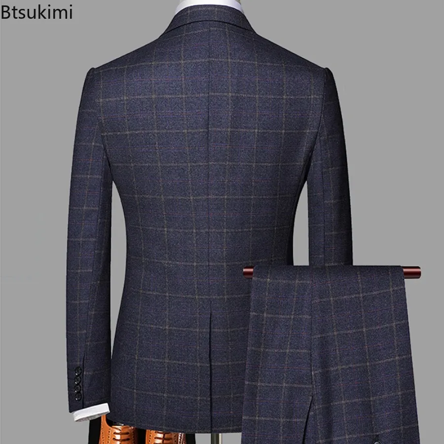 New Men's Three-pieces Fashion Plaid Slim Business Party Formal Elegant Blazer Sets (Jacket+Pants+Vest) Prom Wedding Groom